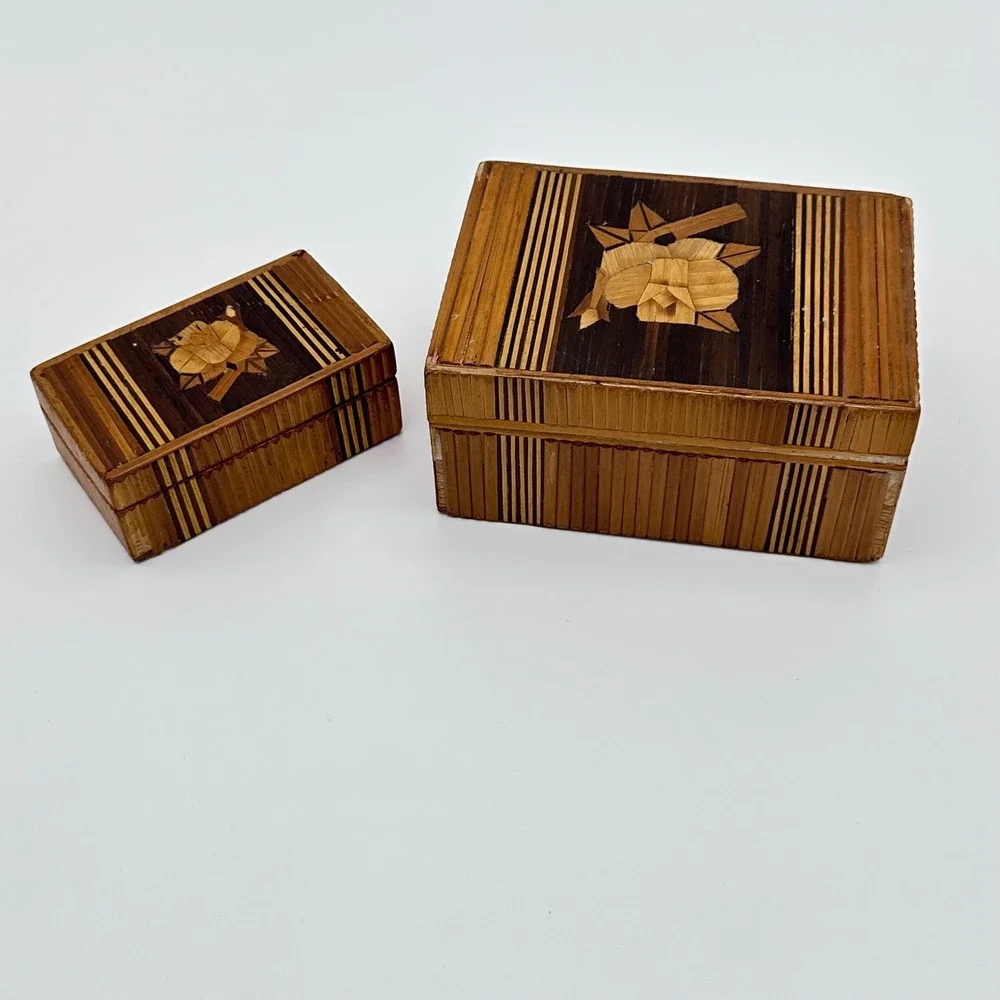 Vintage Trinket Box Set 2pc Straw Marquetry Rose Floral Brown Wood Jewelry Case
